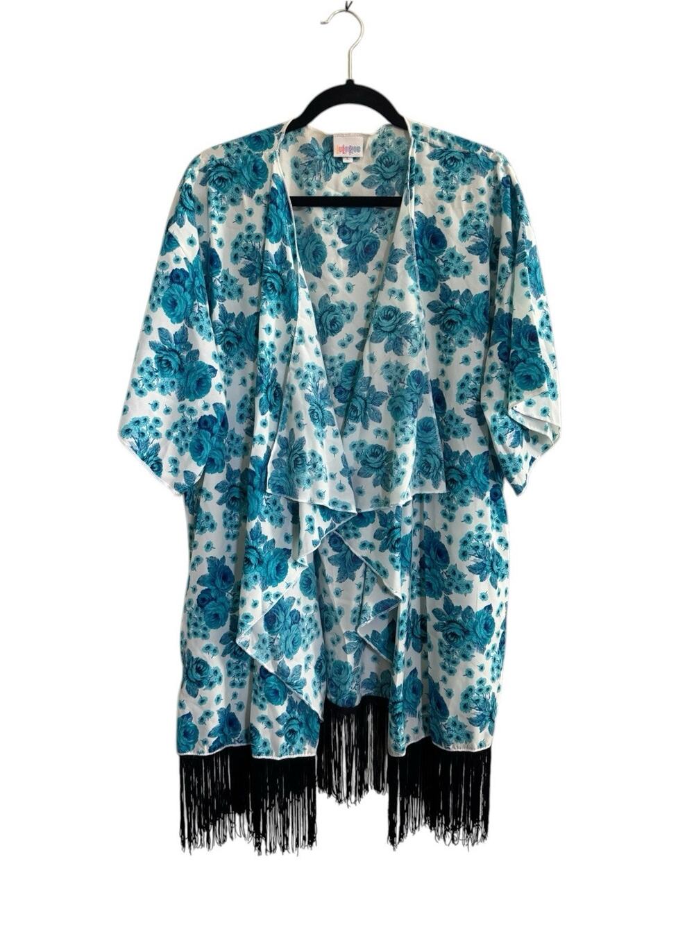 LuLaRoe Large Monroe Kimono Wrap Turquoise Floral Fringe Boho Coastal #7432
